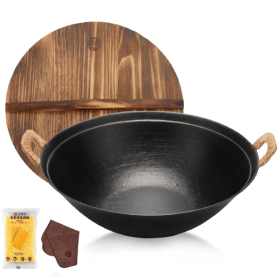 WANGYUANJI 14.2 Handmade Wok, Cast Iron Wok Pan, Large Flat Bottom Wok Stir With Dual Handle And Wooden Lid, Suitable For All Cooktops, Uncoated